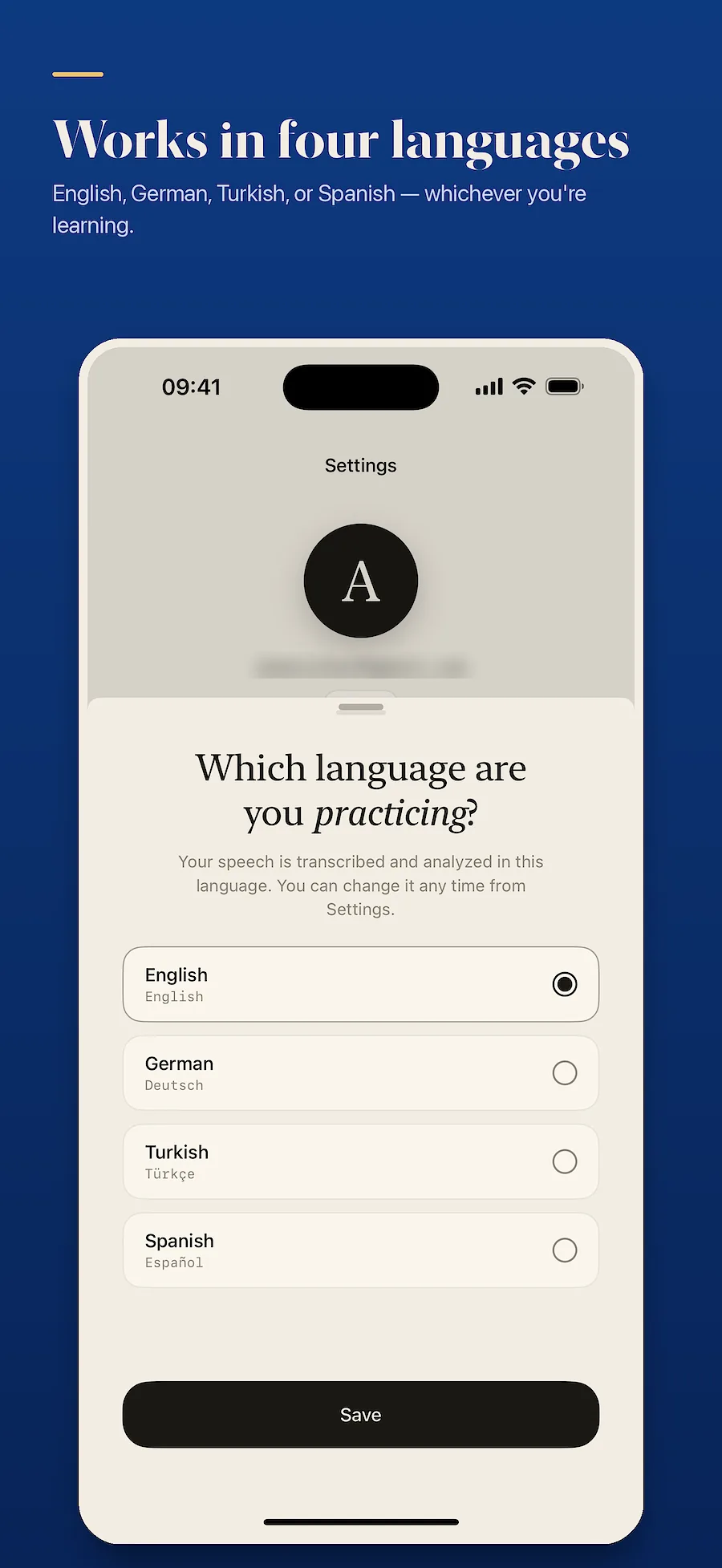 Target language picker: English, German, Turkish, Spanish