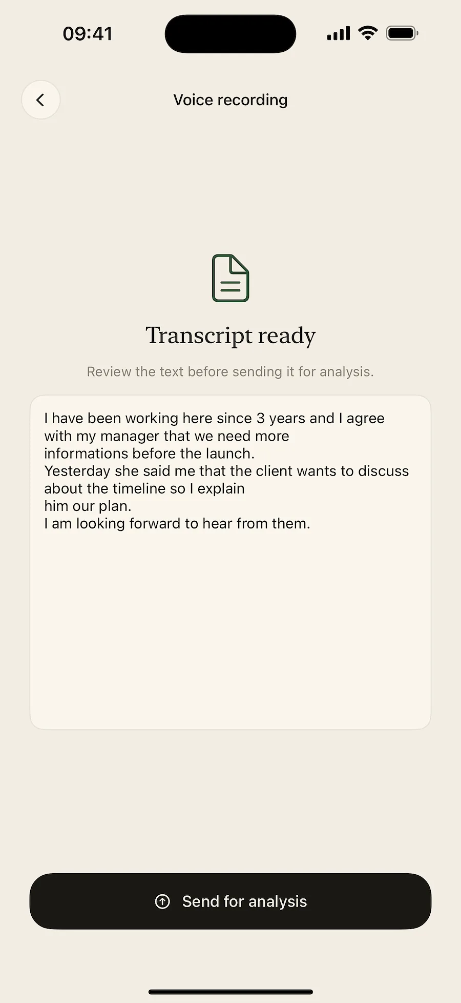 Transcript shown before it is sent for analysis
