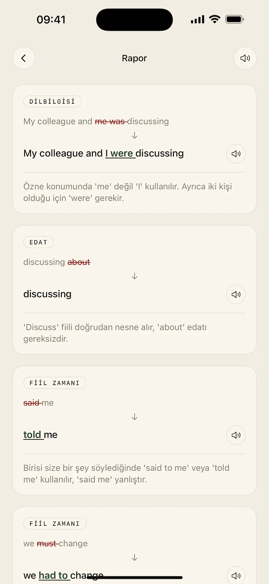 LanguageCoach analiz raporu: cümle cümle hatalar ve düzeltmeleri