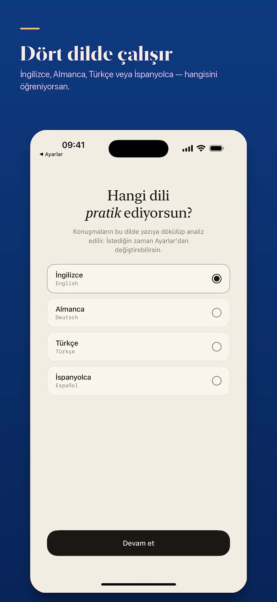 Hedef dil seçimi: İngilizce, Almanca, Türkçe, İspanyolca